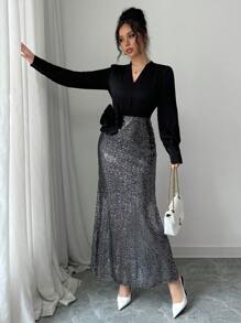 Rafferiza 法式优雅设计 V 领拼接亮片 3D 玫瑰装饰长袖女式秋冬连衣裙 - 彩色 - 查看 4