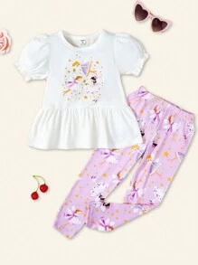 2pcs/Set Young Girl Casual Fairy Tale Fairy Pattern Puffy Sleeve Ruffle Edge Short T-Shirt And Fairy Print Long Pants Set - White - View 8