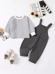 SHEIN 2 件装男婴条纹长袖上衣 + 围兜裤套装，时尚实用的婴儿服装，适合春秋季节 - 彩色 - 查看 12