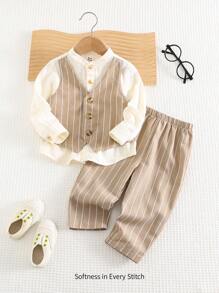 Cozy Pixies 2pcs/Set Baby Boy Lapel Collar Long Sleeve Cardigan Top And Elastic Waist Solid Color Pants Set - Khaki - View 7