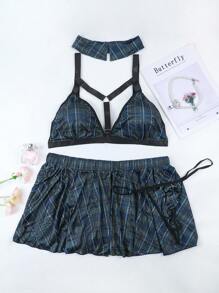 Große Größen Cut Out Gitter Splice minimalistisches sexy Wäsche-Set, 4 Teile