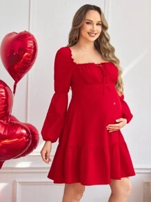 SHEIN A 字低圆领泡泡袖荷叶边下摆连衣裙