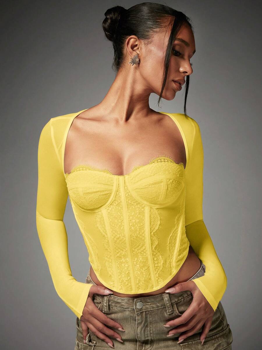 SHEIN BAE 魅力女士撞色蕾丝甜心领长袖修身上衣 - 黃色 - 查看 1