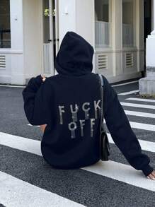 Flirla Women's Casual Everyday Rhinestone Letter Graphic Loose Hoodie Sweatshirt, Autumn Thermal Graduation,Back To School,Graduation,Teacher For Women,Back To School Pullover Fall Sweatshirt - Navy Blue - View 5