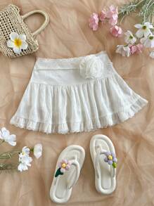 Soleia Romantischer Urlaubs-A-Linien Minirock für Frauen mit Spitzen-Kontrastvolant-Saum, geeignet für Nachmittagstee, Valentinstag-Date