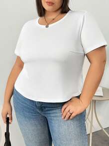 SHEIN CURVE+ CURVE PLUS /情人节/四件套加大码女式休闲简约纯色圆领短袖T恤，适合夏季穿着（不同颜色，黑色+白色+粉色+棕色） - 彩色 - 查看 11