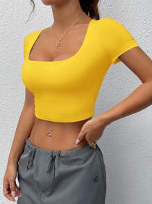 SHEIN EZwear Women Square Neck Short Sleeve Cropped Fitted Seamless Basic Yellow T-Shirt Top - Yellow - View 6