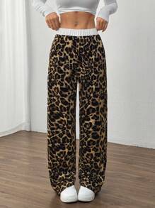SHEIN LUNE Women Leopard Print Elastic Waist Straight Loose Casual Sweatpants - Multicolor - View 1
