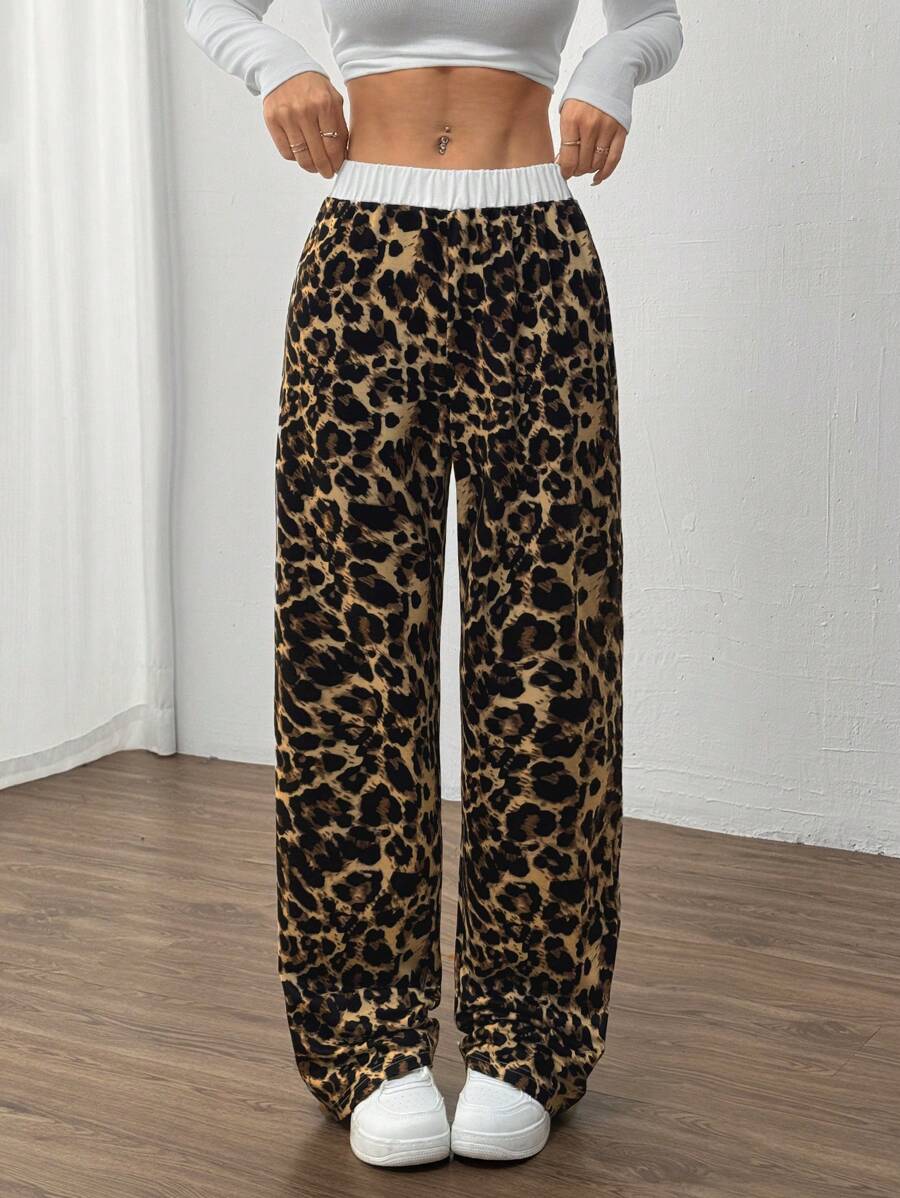 SHEIN LUNE Women Leopard Print Elastic Waist Straight Loose Casual Sweatpants - Multicolor - View 1