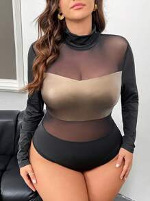 SHEIN Privé بوديسوت داخلية للنساء ذوات المقاسات الكبيرة مريحة وكاجوال من خليط المطاط والشبكة، بوديسوت داخلية مطاطية ذات أكمام طويلة باللون الأسود للخارج