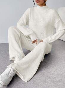 SHEIN Privé Conjunto de dos piezas de suéter holgado de punto y pantalones de cintura elástica para mujer, cómodo y de moda para personas mayores, para otoño/invierno - Blanco - Ver 6