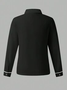 SHEIN 青少年男孩休闲刺绣长袖衬衫，绅士风格 - 黑色 - 查看 2