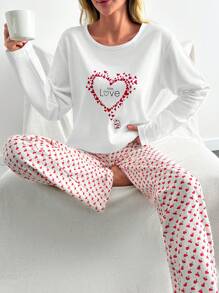 RueChic Cotton 2Pcs Contrast Colour Heart Printed PJ Set - White - View 1