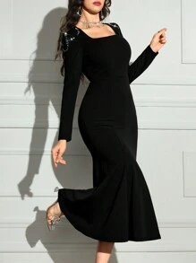 Modelyn Women's Rhinestone Decor Square Neck Long Sleeve Mermaid Hem Fitted Elegant Dress Long Evening Dresses - Black - View 3