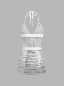 EgrlEra Bộ 2 món: Áo hở lưng hở lưng đính sequin lấp lánh + Chân váy mini nhún bèo - Bạc - Xem 2