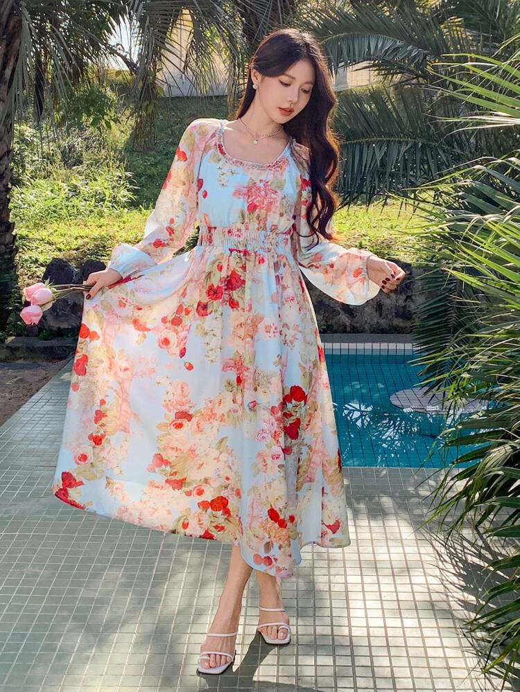 Women's Floral Print Square Neck Lantern Sleeve Cinched Waist Mid-Length Dress, For Vacation Boho