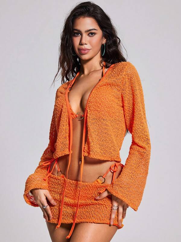 Swim EVENT Women's Orange Casual Vacation Long Sleeve Tie-Front Textured Fabric Kimono Cover Up Summer