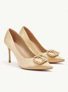 CUCCOO CHICEST Fashion Elegant Golden Color Satin Glitter Rhinestone Metal Decor Pointed Toe Stiletto High Heel Shoes For Wedding Bride Bridesmaid, Party, Date, Holiday, Christmas, Valentine, Comfortable Valentines