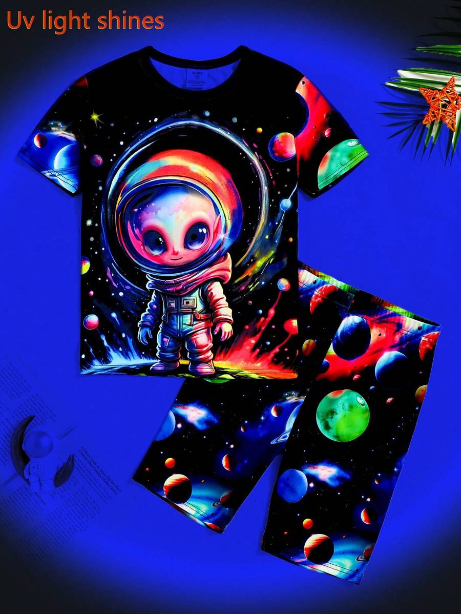SHEIN Tween Boy Neon Cartoon Alien Print Crew Neck Short Sleeve Shorts 2 Pieces Loungewear Set - Multicolor - View 1