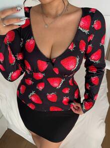 Flirla Unique European & American Style Strawberry Printed V-Neck Slim Fit Top Tee Shirt For Women, Sweet & Cute - Multicolor - View 3