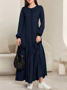 Seusyu Women Casual Contrast Striped Sweatshirt Dress, Autumn/Winter - Navy Blue - View 7