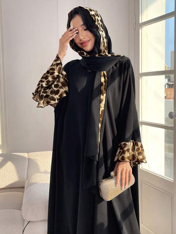 Al Najma Women's Leopard Print Patchwork Long Sleeve Casual Loose Arabic Style Dress With Hijab Scarf, Modest,Elegant, Maxi Length Arabian Dresses