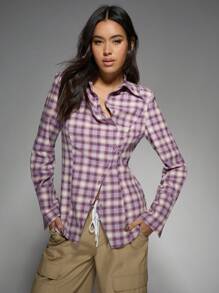 MISSGUIDED 不对称格子纽扣衬衫西式女士长袖修身衬衫秋冬休闲办公室街头时尚上衣