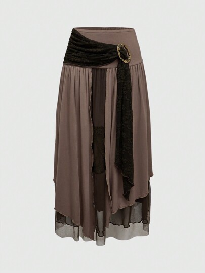 Fairycore Style Asymmetrical Lace Contrast Mesh Long Women Skirt