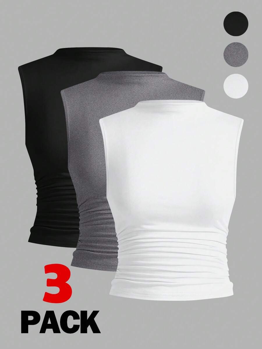 SHEIN Essnce 女式纯色立领无袖褶皱简约上衣,休闲日常穿着 - 彩色 - 查看 1