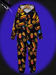 SHEIN Pijama de una pieza con capucha de manga larga para adolescentes con estampado completo que brilla en la oscuridad de patatas fritas y hamburguesa, estilo minimalista casual