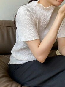 DAZY 女式纯色纹理面料高领短袖修身白色衬衫，春夏 - 杏色 - 查看 8