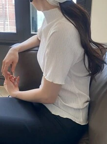 DAZY 女式纯色纹理面料高领短袖修身白色衬衫，春夏 - 杏色 - 查看 9