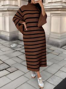 Calvaya Plus Size Color Block Stripe Long Sleeve Split Hem Sweater Dress, Casual For Autumn/Winter - Brown - View 8