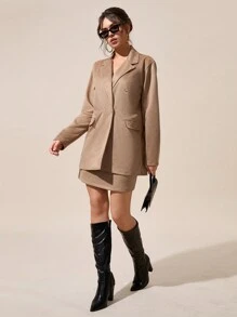 EURMUSE Urban Chic Double-Breasted Nubuck Light Jacket & Mini Skirts Two-Pieces Set - Camel - View 4