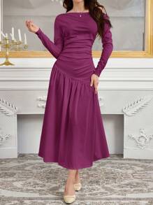 Modelyn Women's Elegant Charm Slanted Shoulder Knit Woven Umbrella Hem Fashion Dress Long Evening Dresses