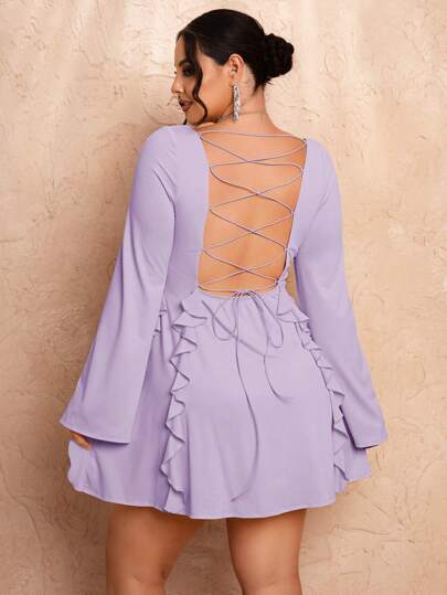 SHEIN BAE Plus Size Women's Summer Dress Collection: Midi & Mini Dresses, Yellow Dresses, Backless & Tie-Back Dresses, Long Sleeve Dresses, Casual Date & Sweet Teenager Beach Holiday & Music Festival Dresses, With Flounce Hem Decoration, Sexy & Sweet Women's Dresses