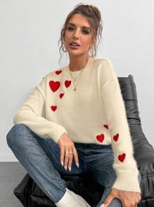 Chiquease European And American Stylish Design 3D Heart Embroidered Faux Mink Loose Fit Pullover Sweater, Autumn/Winter