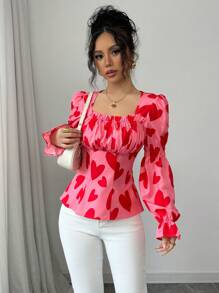 Elenzga Camisa elegante con estampado de corazón rojo y fruncido