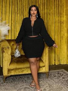 Slaydiva 大码女式休闲泡泡图案长袖夹克和迷你裙套装