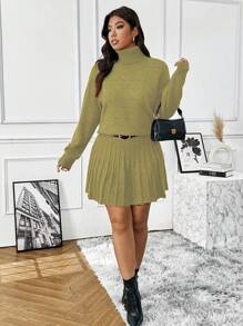 Flirla 1 conjunto de suéter informal de cuello de polo y falda de punto con textura de rayas verticales, talla grande, versátil, para uso diario y de trabajo - Verde Oliva - Ver 4