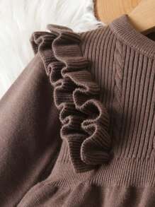 2pcs/Set Baby Girls Ruffle Trim Long Sleeve Sweater And Long Pants Set, Infant Solid Color Knitted Sweater And Trousers Casual Outfit