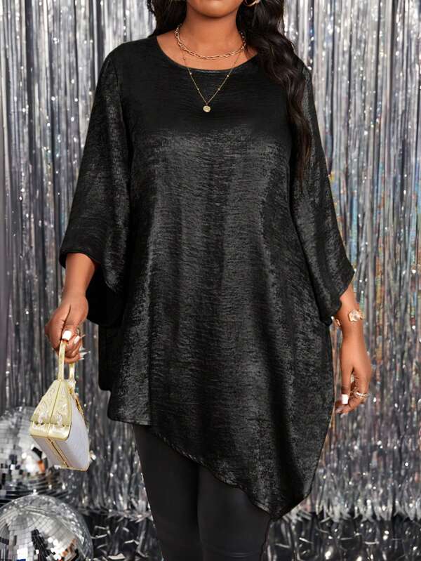 SHEIN Lady Plus Size Women Solid Metallic Round Neck 3/4 Sleeve Loose Asymmetric Hem Elegant Blouse Women Outfit Thermal Winter Outfits Christmas Women Clothes Long Sleeve Dress Christmas Women Dress Gold Mini Skirt Gold Skirt Thanksgiving Dress New Year Eve Dress Holiday