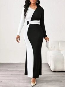 SHEIN Lady 秋冬优雅工装黑白针织圆领鱼尾长袖连衣裙 - 黑色 - 查看 4