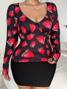 Flirla Unique European & American Style Strawberry Printed V-Neck Slim Fit Top Tee Shirt For Women, Sweet & Cute - Multicolor - View 6