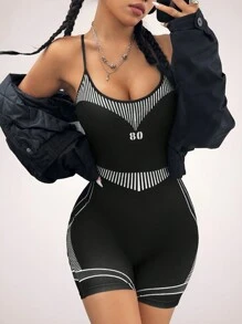 SHEIN Coolane 机车风撞色条纹无袖连身裤 - 黑色 - 查看 2