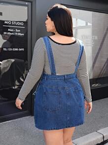 SHEIN EZwear Plus Size Women Dual Pocket Drawstring Casual Denim Dungaree Dress - Medium Wash - View 2