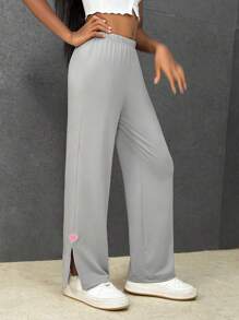 Tween Girls' Grey Straight Leg Wide Leg Split Hem Sweatpants, With Relaxed Comfortable Design And Unique Details - Light Grey - View 5