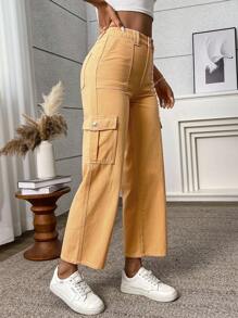 SHEIN PETITE Women's Solid Color Simple Fashionable Casual Denim Jeans - Yellow - View 4
