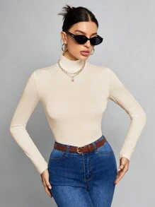SHEIN Tall Simple Solid Color Slim High Collar White Top Suitable For Autumn And Winter Basic Long Sleeve Tops, Tall Women - Beige - View 8