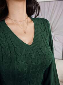 Modelyn Women Casual Solid Color V-Neck Twist Knitted Sweater Dress, Autumn/Winter - Dark Green - View 8